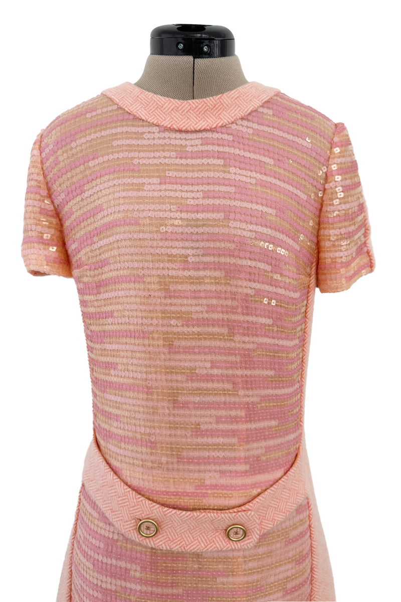 Chic Little Fall 2001 Chanel by Karl Lagerfeld Runway Pastel Pink Dress w Fully Sequin Front