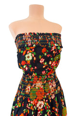 Wonderful c.1974 Yves Saint Laurent Brilliant Floral Print Strapless Cotton Dress w Top Stitched Gathers
