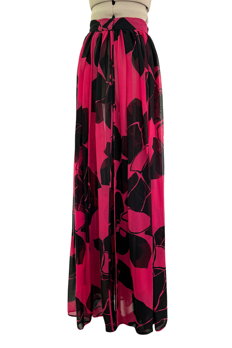 Multifunctional 1970s or 1980s Original Valentino Deep Pink & Black Printed Silk Chiffon Open Front Over Skirt