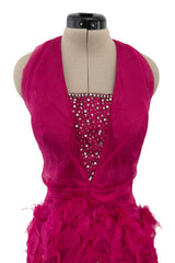 1990s Thierry Mugler Pink Silk Organza Halter Dress w Full Lower Skirts & Sequin Detailing