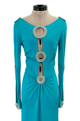 Spectacular Early 1970s Loris Azzaro Plunging Turquoise Silk Jersey w Open Rhinestone Rings
