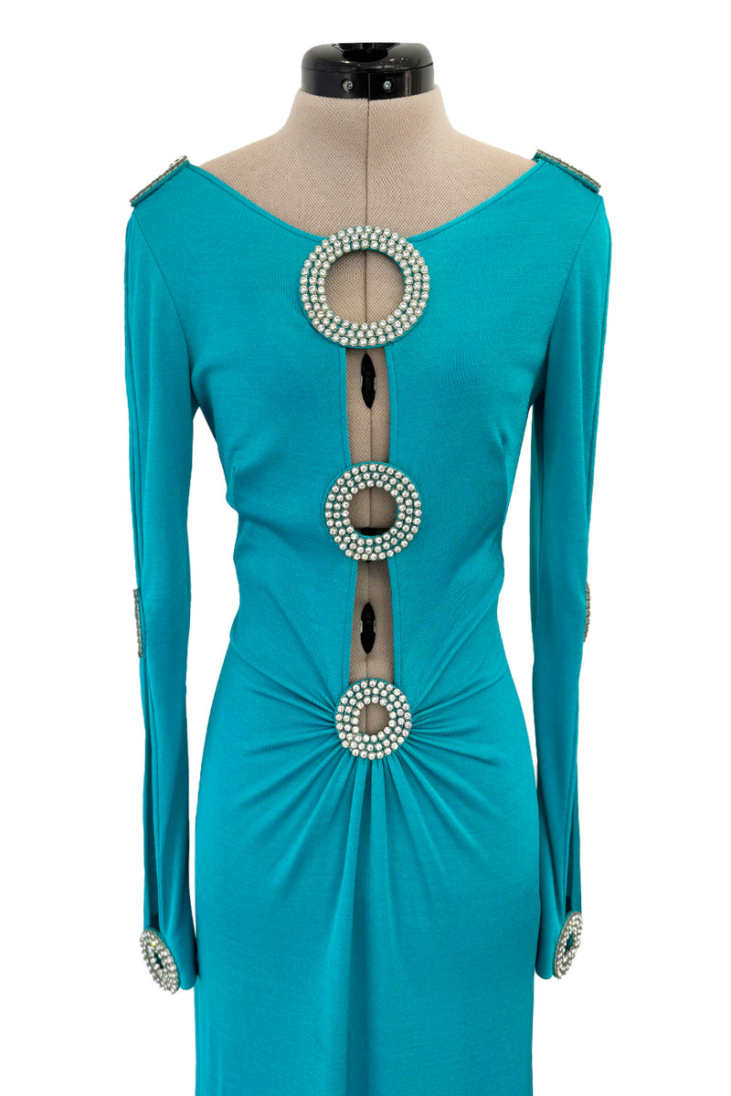 Spectacular Early 1970s Loris Azzaro Plunging Turquoise Silk Jersey w Open Rhinestone Rings