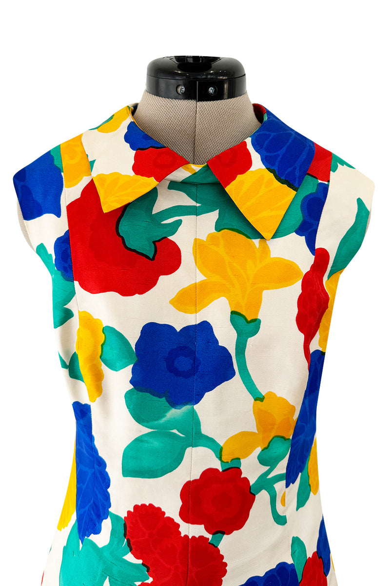 Happiest 1960s James Galanos Bright Floral Print Silk Dress w Pleated Skirt & Rounded Collar