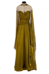 Fall 1989 Oscar de la Renta Iridescent Green Gold Silk Chiffon Strapless Dress w Matching Cape
