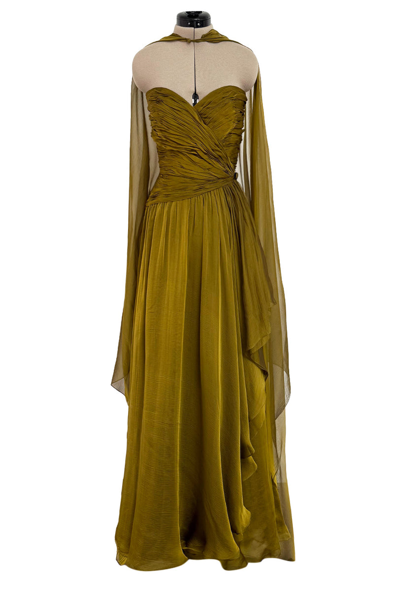 Fall 1989 Oscar de la Renta Iridescent Green Gold Silk Chiffon Strapless Dress w Matching Cape