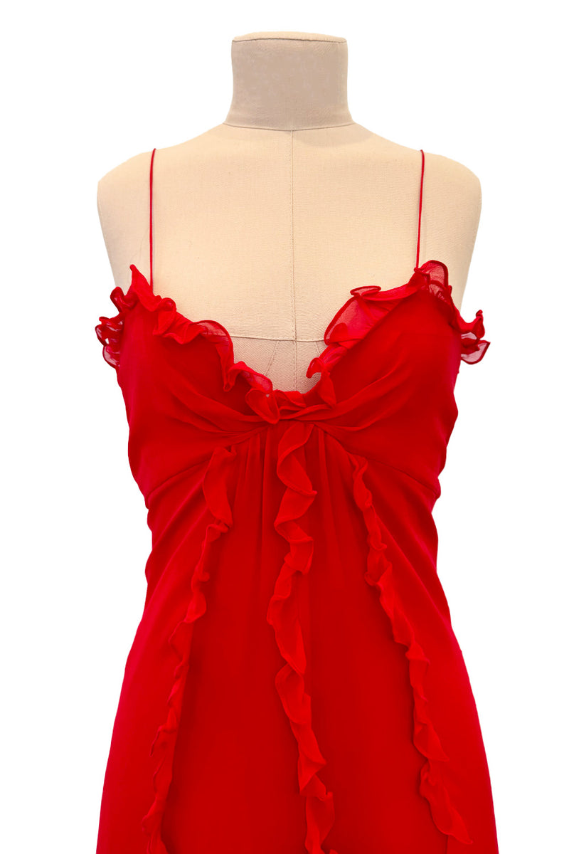 Magical 1990s Bill Blass Perfectly Minimalist Bias Cut Red Silk Chiffon Dress w Tiny Ruffle Detailing