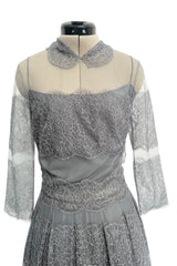 2018 Christian Dior by Maria Grazia Chiuri Silver Grey Net and Banded Lace Dress w Silk Slip
