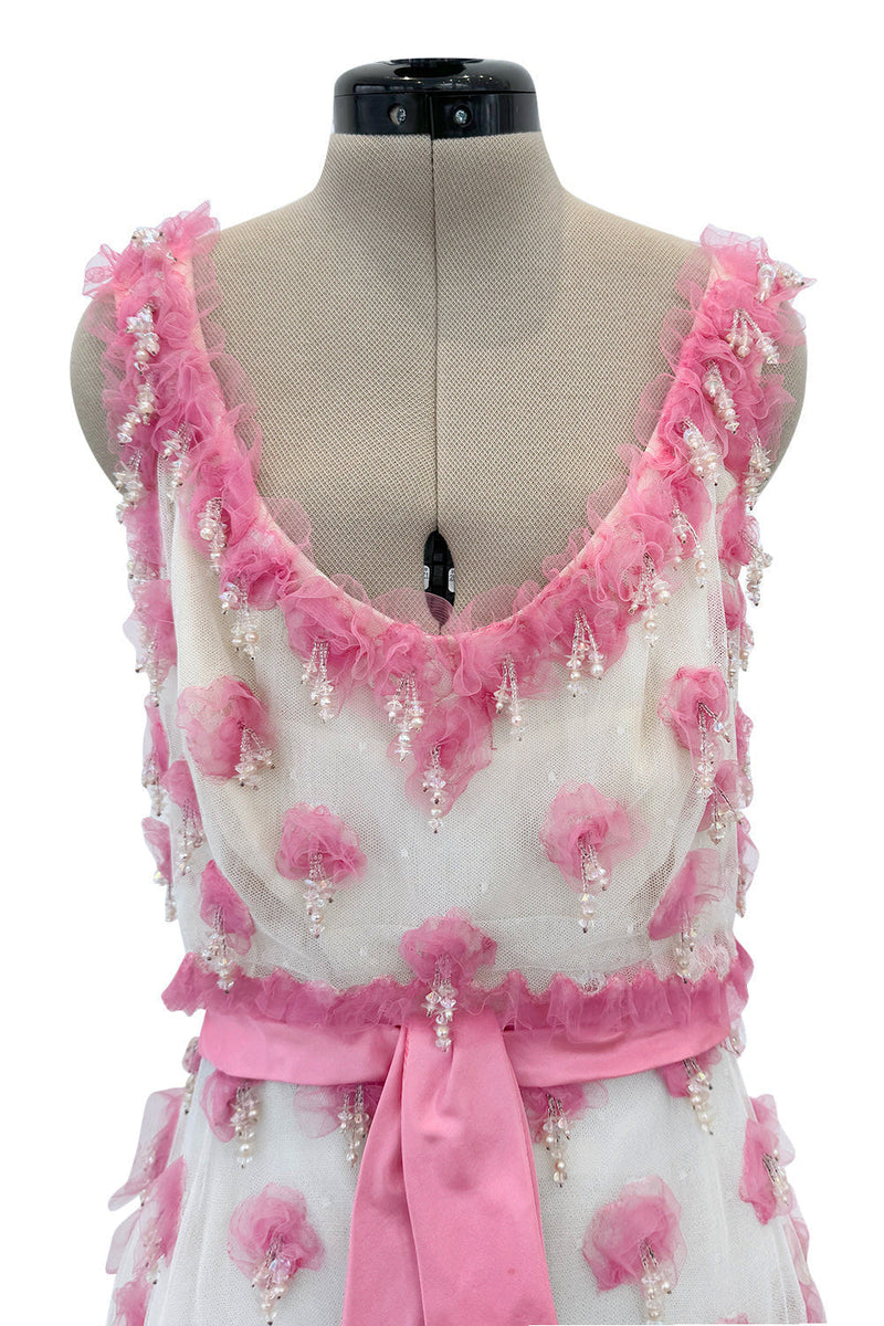 Late 1960s Belleville et Cie Couture Ivory Silk Net Dress w Pink Chiffon & Beaded Details