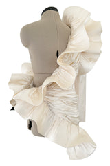 Rare 1980s Pierre Cardin Haute Couture Ivory Silk One Sleeve Ruffle Top w Black Silk Bow