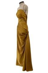 Stunning 1968 Mr Blackwell Custom Deep Copper Gold Silk Dress w Hip Swag & Flower Pin