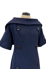 Late 1950s Christian Dior London by Marc Bohan Numbered Blue Shift Dress w Button Detailing