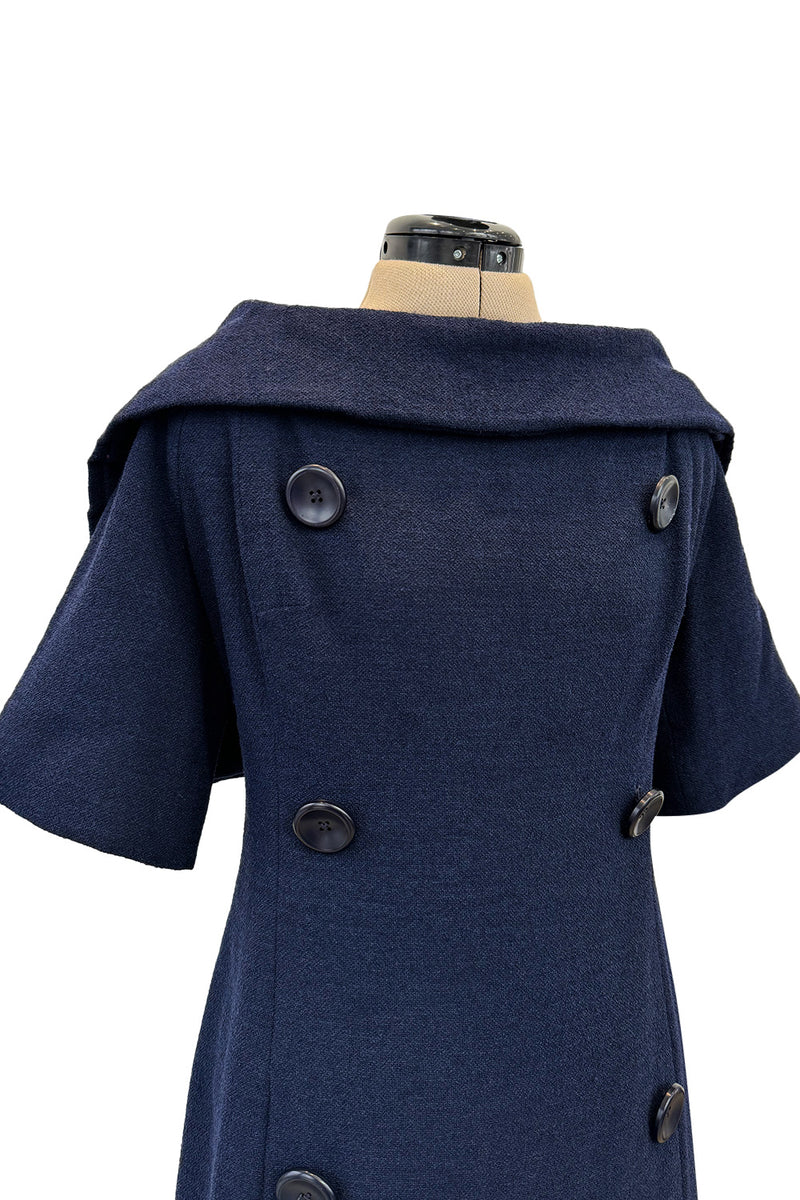 Late 1950s Christian Dior London by Marc Bohan Numbered Blue Shift Dress w Button Detailing