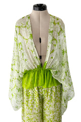 Fantastic 1970s Pauline Trigere Two Piece Green Silk Chiffon  Plunge Top & Wide Leg Pant Set
