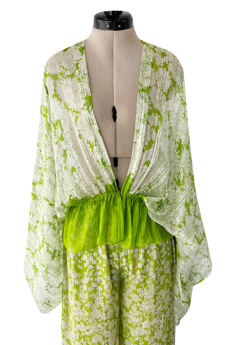 Fantastic 1970s Pauline Trigere Two Piece Green Silk Chiffon  Plunge Top & Wide Leg Pant Set
