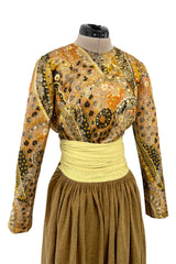 Fall 1970 Madame Gres Haute Couture Wide Leg Pant w Metallic Partially Open Tie Top Set
