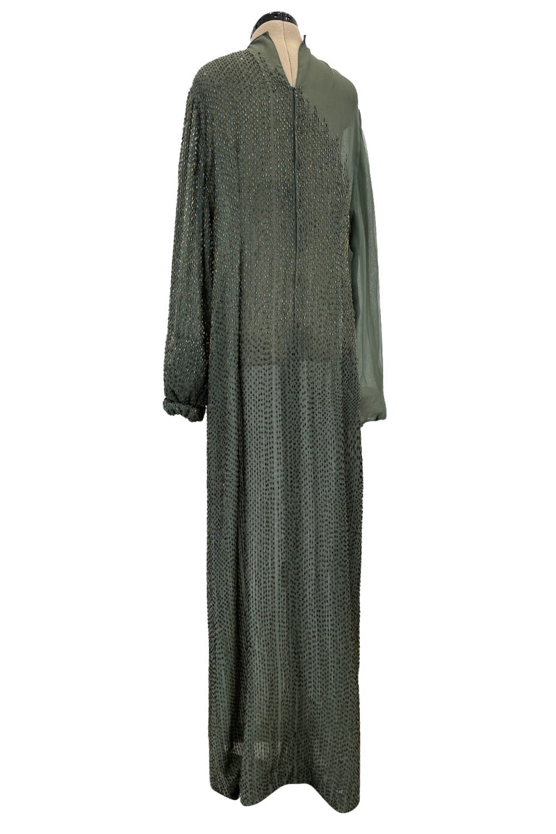 Prettiest Fall 1981 John Anthony Couture Moss Green Silk Chiffon Dress w Hand Beaded Detailing
