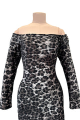 Iconic Fall 1989 Patrick Kelly Off Shoulder Silver Leopard Print Dress in a Soft Stretch Velour