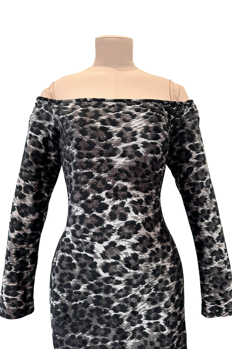 Iconic Fall 1989 Patrick Kelly Off Shoulder Silver Leopard Print Dress in a Soft Stretch Velour