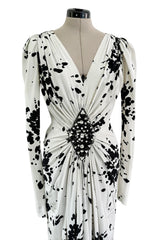 Fantastic Spring 1982 Yves Saint Laurent Haute Couture Runway Unlabeled Black & White Print Plunge Dress