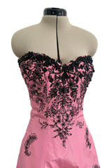 Exceptional Spring 2004 Oscar de la Renta Runway Look 39 Strapless Pink Silk w Black Embroidery & Beads