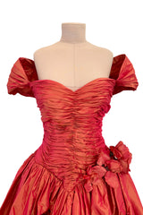 1989 Loris Azzaro Irridescent Coral Silk Taffeta Dress w Rosette Floral Detail