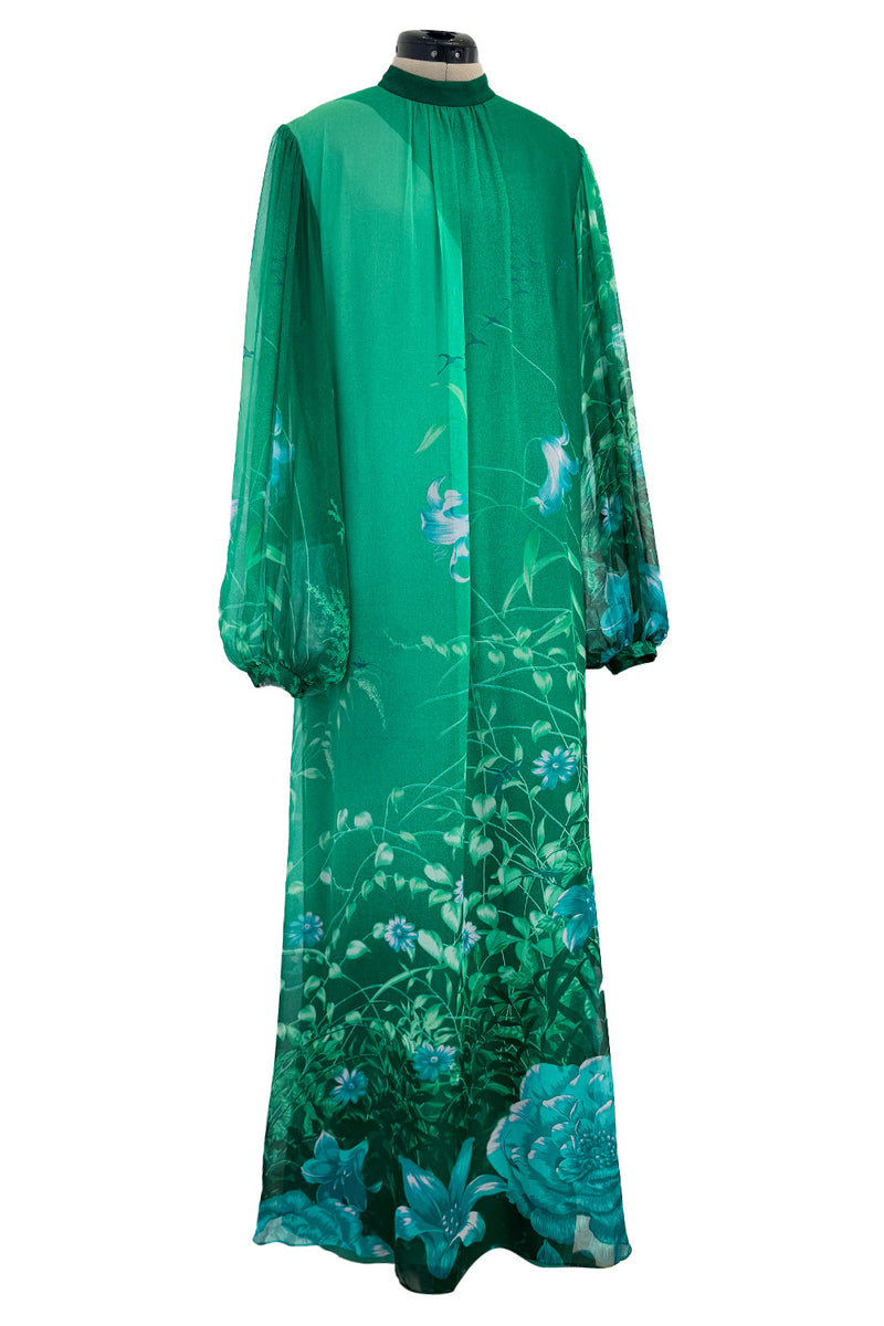Stunning 1970s Hanae Mori Green Extensive Floral Print Green Silk Chiffon Dress w Balloon Sleeves & Belt