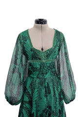 Well Documented Spring 1970 Unlabeled Thea Porter Green Butterfly Print Silk Chiffon Dress