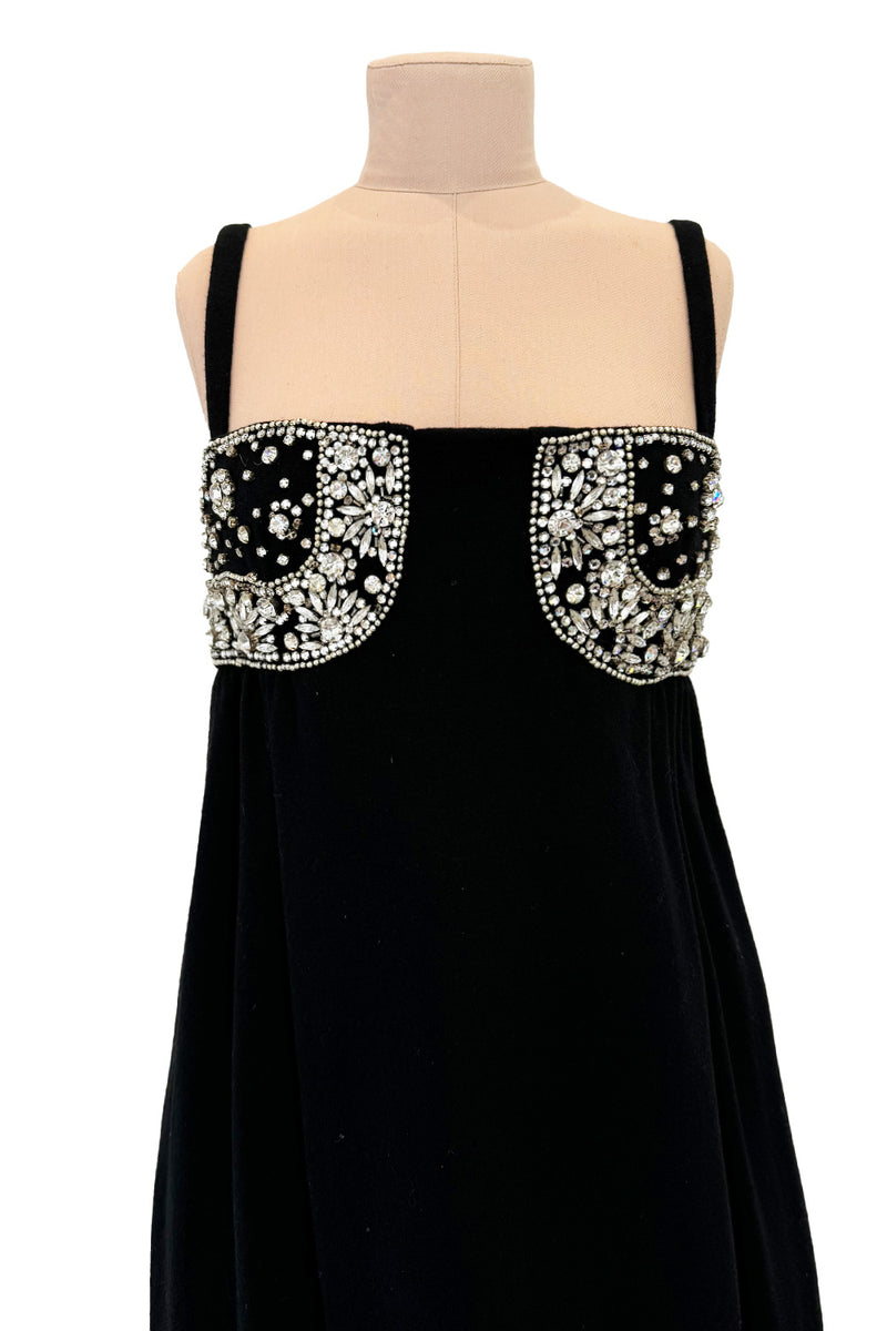 Sophisticated 1960s Donald Brooks Fine  Black Wool Crepe Dress w Elaborate Rhinestone Detailing