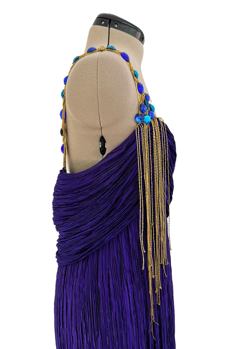 1980s Mary McFadden Purple Pleated Dress w Elaborate Beaded Gold Cord Shoulder