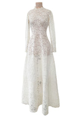 Heirloom Level Exquisite 1950s Handmade Couture White Lace Wedding Dress w a Matching Veil