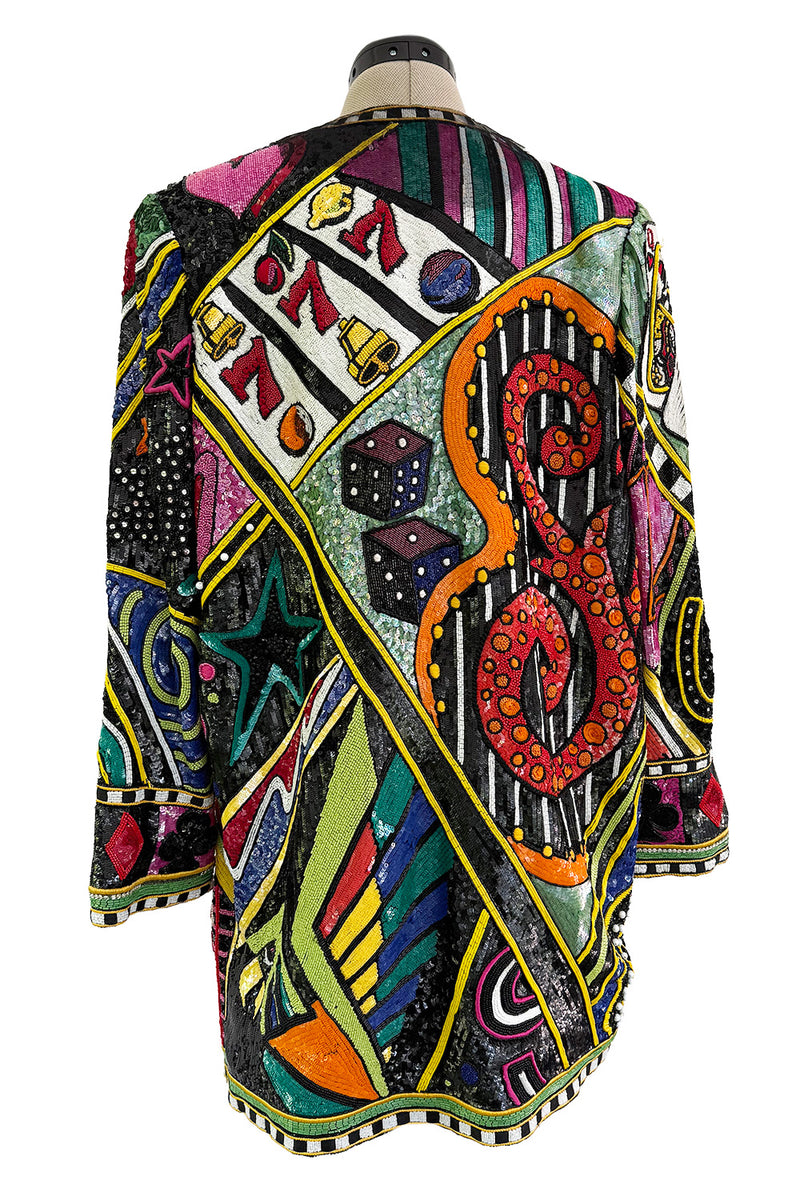 Incredible 1980s Bob Mackie Main Label Fully Sequin & Beaded Oversized Casino Themed Jacket