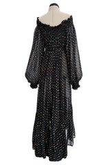 Spring 1978 Yves Saint Laurent Runway & Ad Campaign Off Shoulder Silk Chiffon Dot Dress