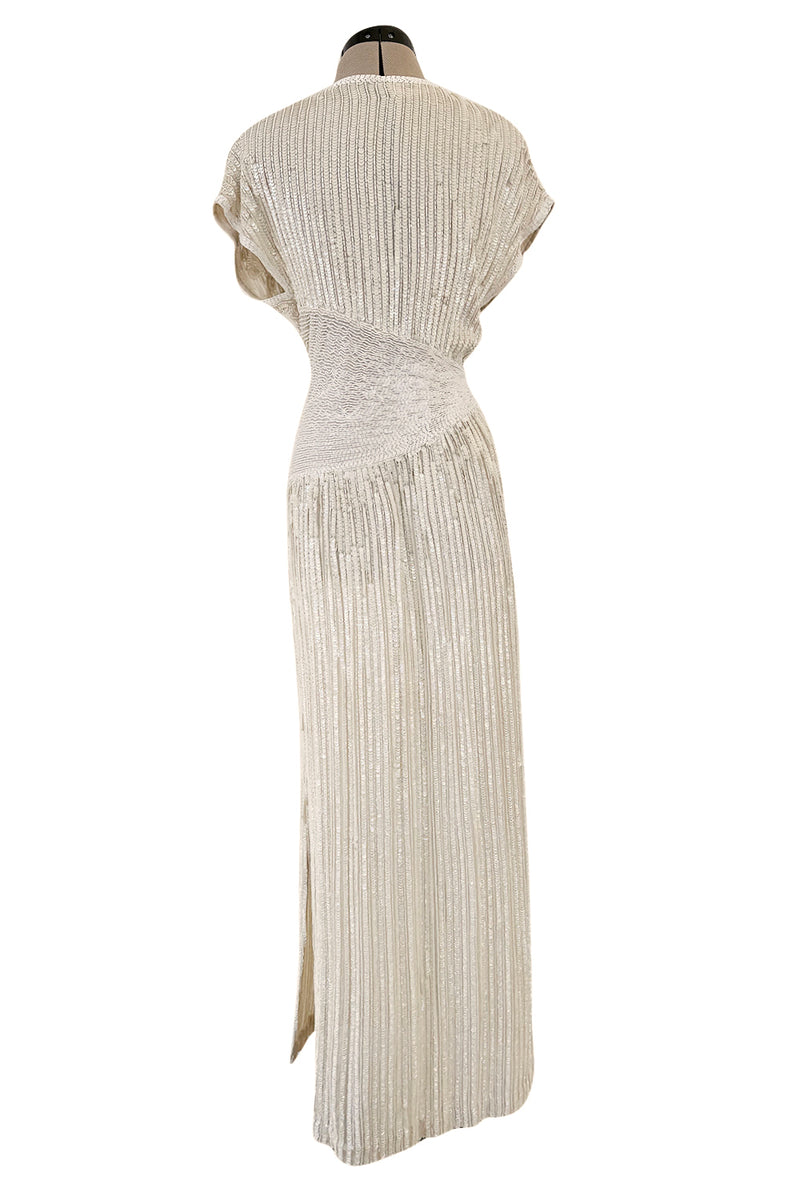 Prettiest 1970s Lillie Rubin Ivory Fully Sequinned & Applied Tube Beads on Silk Chiffon Dress