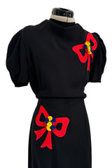 Gorgeous 1940s Unlabeled Black Crepe Dress w 3D Floral Detailed Bright Red Bow Appliques