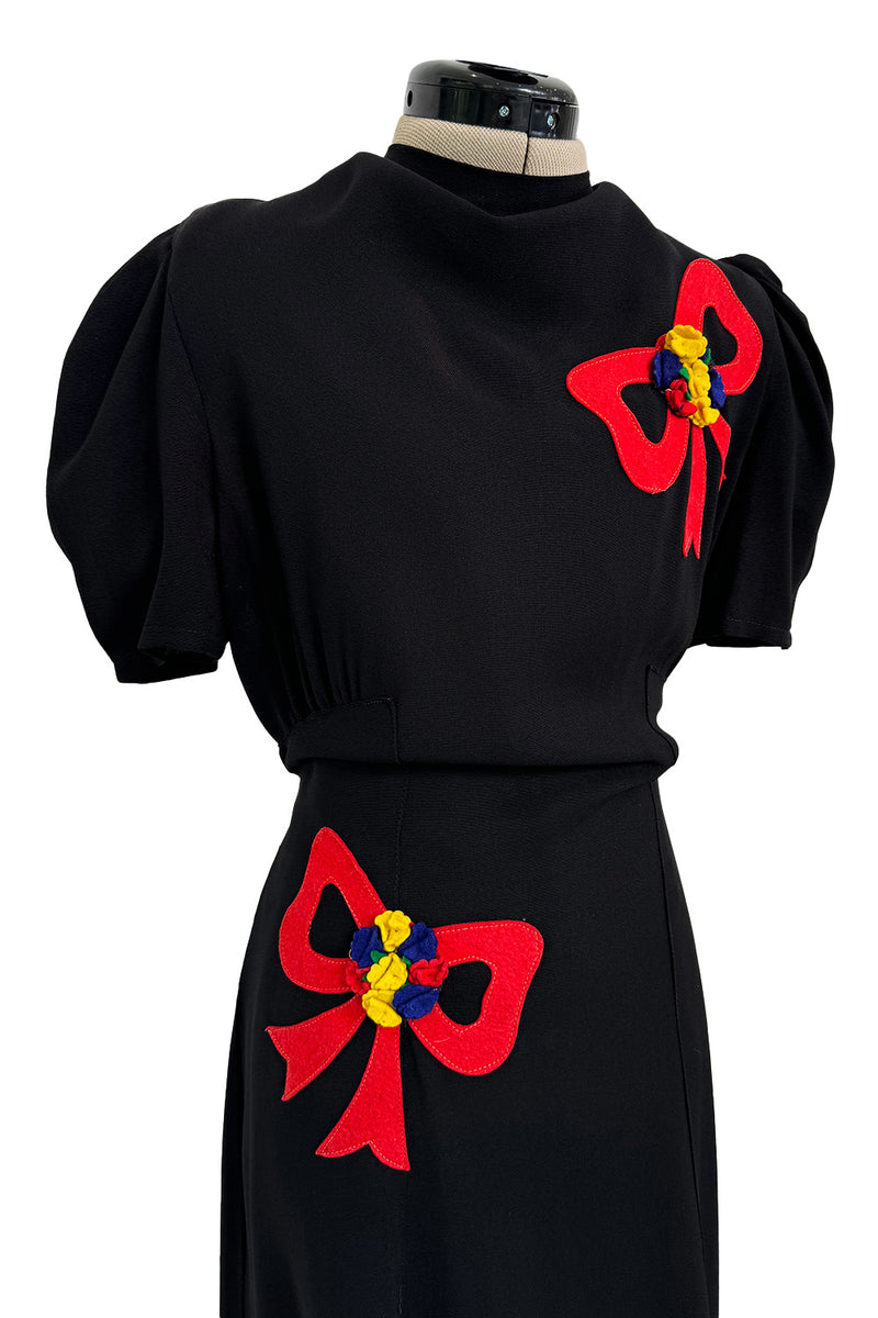 Gorgeous 1940s Unlabeled Black Crepe Dress w 3D Floral Detailed Bright Red Bow Appliques