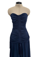 Fall 1985 Yves Saint Laurent Runway & Ad Campaign Blue Silk Jersey Tasselled Corset & Skirt Set