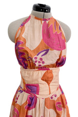 Spring 1981 Bill Tice Deco Pattern Printed Tissue Silk Backless Jumpsuit w Balloon Pouf Legs