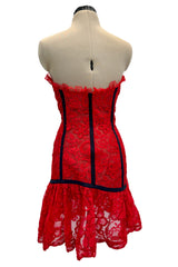 Amazing Spring 1992 Yves Saint Laurent Runway Red Lace Strapless Dress w Grosgrain Detailing
