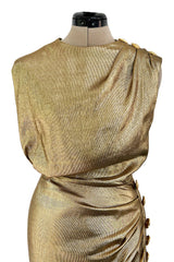 Iconic Fall 1991 Yves Saint Laurent Runway Slinky Gold Lame Dress w Gold Button Details