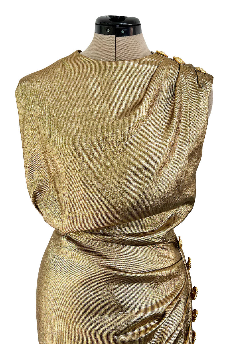 Iconic Fall 1991 Yves Saint Laurent Runway Slinky Gold Lame Dress w Gold Button Details
