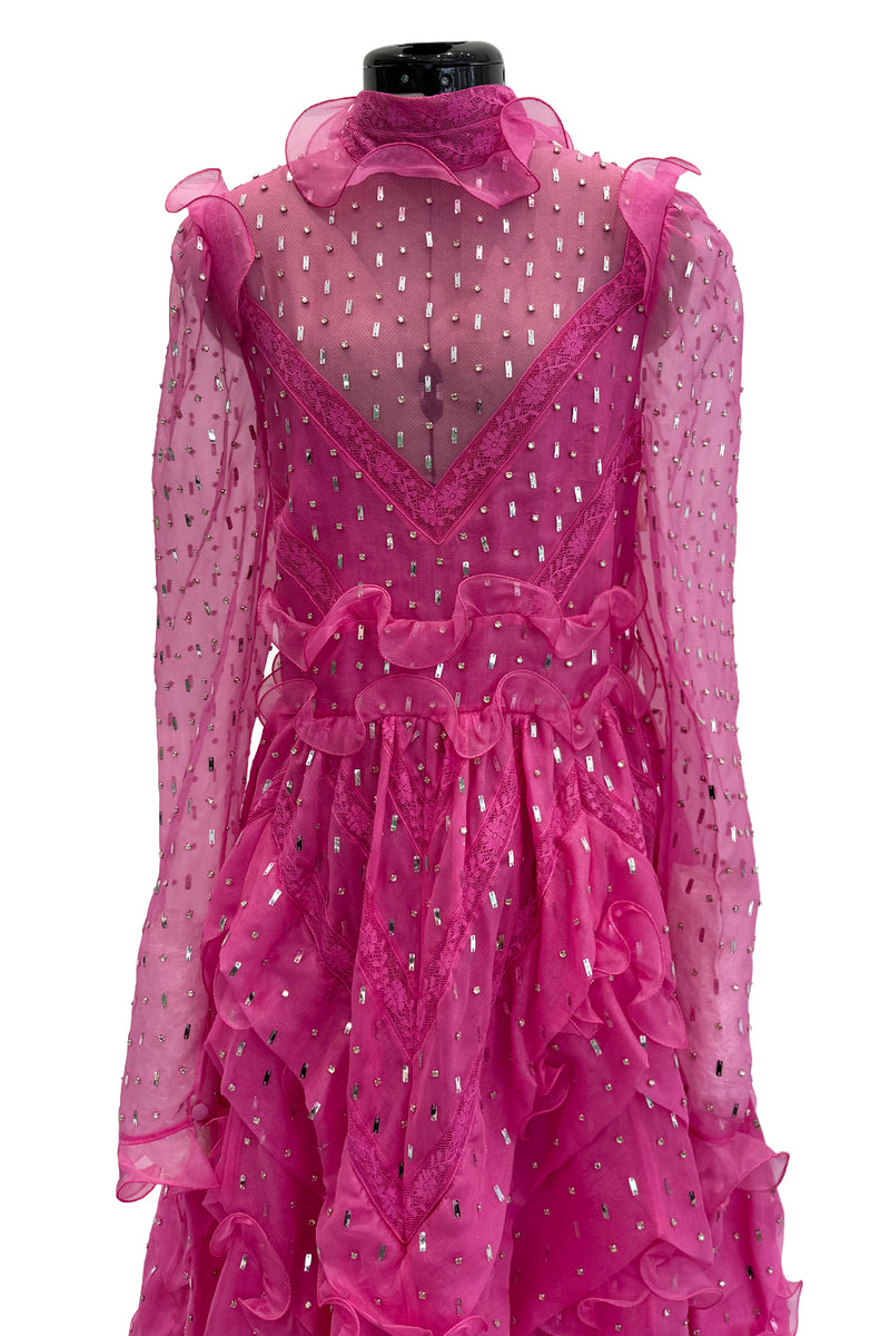 Spring 2018 Valentino by Pierpaolo Piccioli Pink Silk Organza Dress w Rhinestones & Metallic Silver Appliques