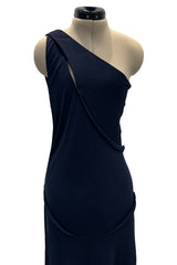 Minimalist 1990s Geoffrey Beene Deep Blue Silk Jersey One Shoulder Dress w Cut Out Details