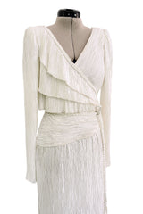 Stunning 1970s-80s Mary McFadden Couture White Pleated Dress w Attached Braided Belt