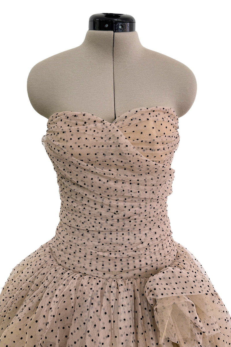Prettiest Fall 2024 Atelier Prabal Gurung Look 7 Black Dotted Pale Nude Pinkish Net Strapless Dress w Full Skirts