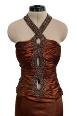 Chic 2000s Gianni Versace Bronze Gathered Silk Bodice Dress w an Elaborately Beaded Cut Out Front & Sweepimng Back
