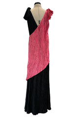 Fantastic Fall 1980 Mary McFadden Couture Salmon Pink & Black Cross Over Pleated Dress