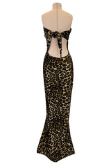 Rare Fall 1989 Patrick Kelly Runway Stretch Velour Leopard Print Dress w Multi-Tie Bodice