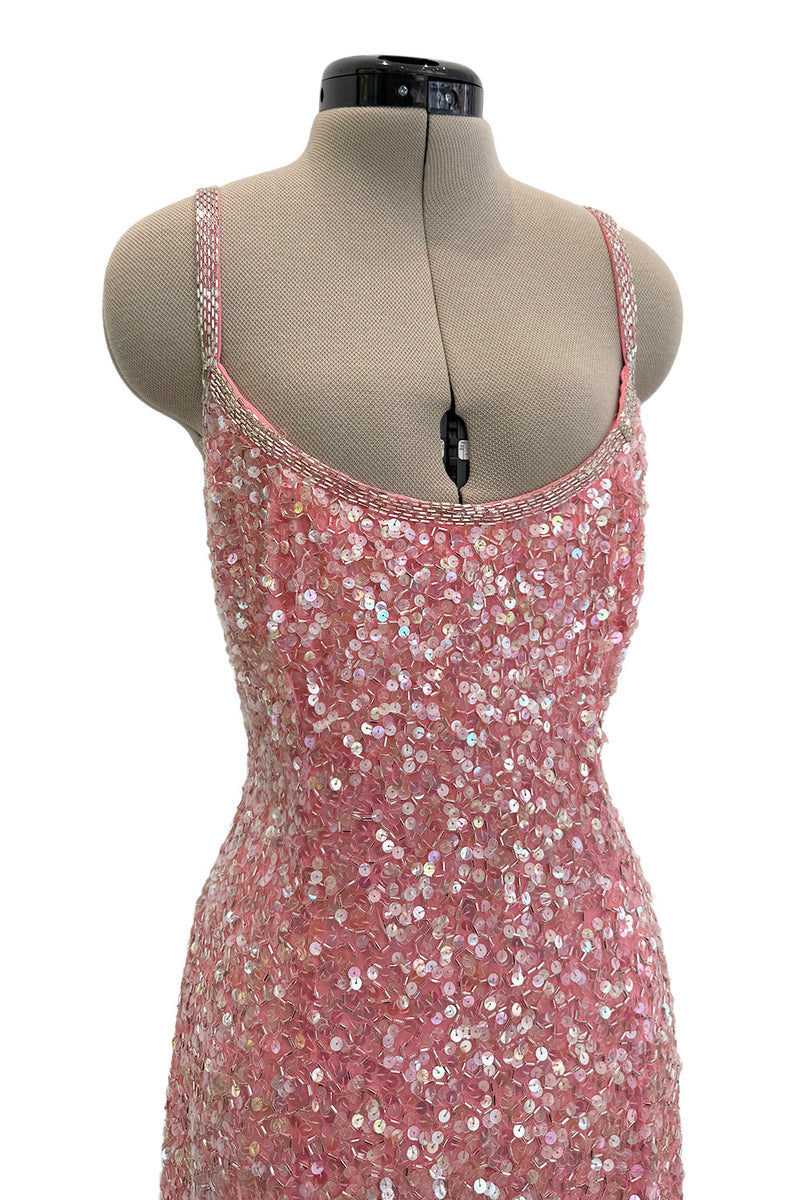 Prettiest 1980s Oleg Cassini Pink Silk Dress Covered in Iridescent Sequins w Silver Tube Bead Detailing & Trim