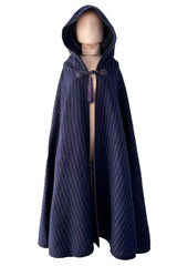 Fabulous  Fall 1976 Yves Saint Laurent Striped Blue Wool Knee Length Cape w Hood & Tassel Detailing