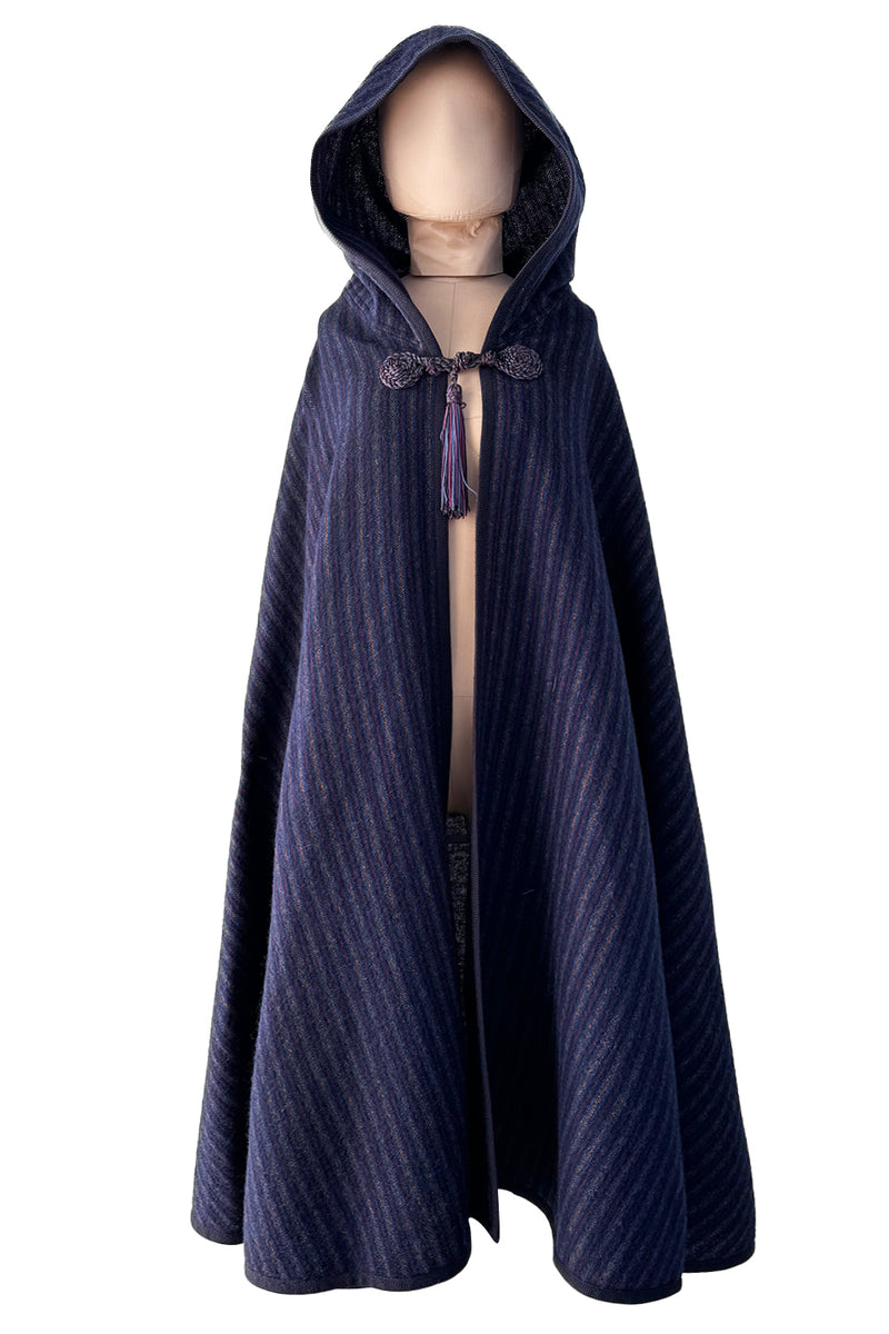 Fabulous  Fall 1976 Yves Saint Laurent Striped Blue Wool Knee Length Cape w Hood & Tassel Detailing